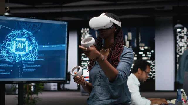 Technician in office using VR headset gear to fix bugs in AI system with debugging and troubleshooting context for AI development workflow.