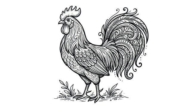 Intricate rooster with ornate patterned feathers and scrolled tail