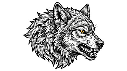 Fierce wolf head snarling with bared teeth and yellow eye © Denso