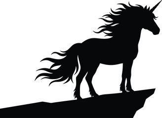 Mythical unicorn standing on cliff edge with flowing mane silhouette vector illustration © MdAbulkalam