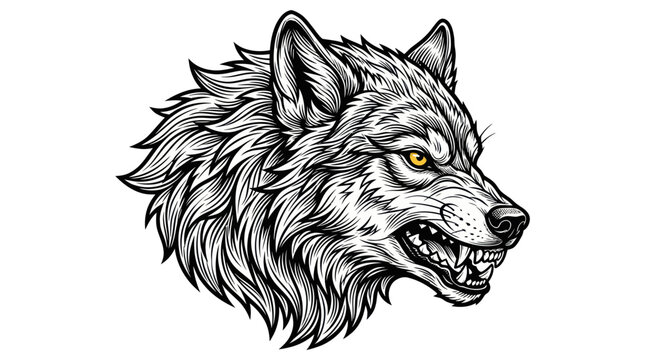 Fierce wolf head snarling with bared teeth and yellow eye