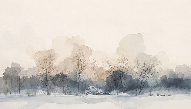 Watercolour bare winter trees mountainous background