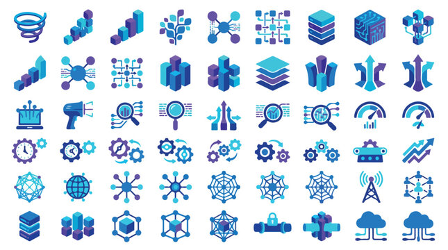 Data science and big data analytics icons, 50 flat vector elements for business intelligence, digital technology and network infrastructure infographics