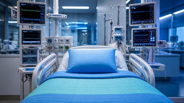Empty bed in a modern hospital room with medical equipment