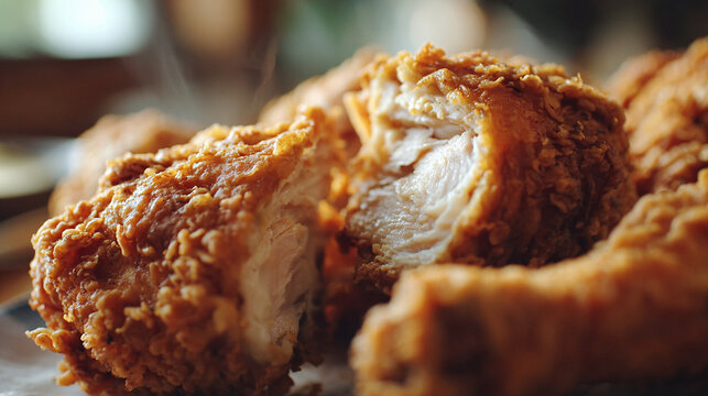 Closeup of crispy golden fried chicken pieces