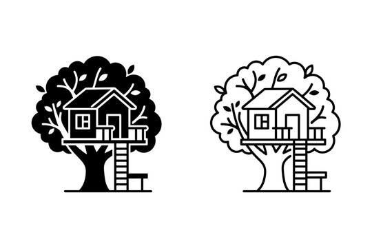 Iconic treehouse illustration with a ladder and bench, presented in two styles