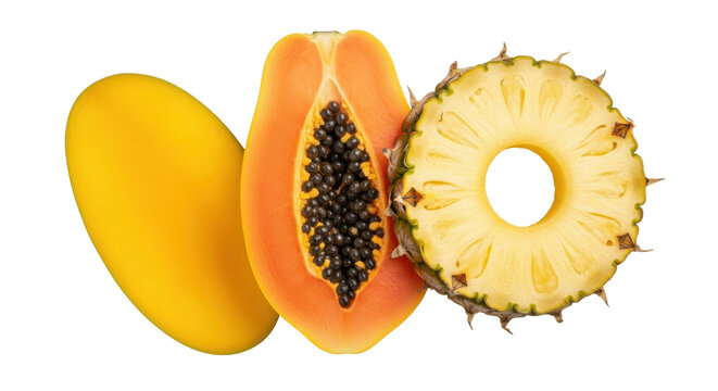 ripe papaya and pineapple slices cut open isolated on transparent background
