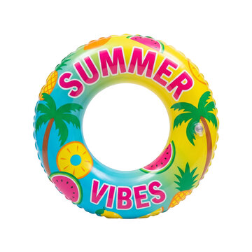 Colorful inflatable pool float with summer theme, tropical fruits, and vibrant design for beach or pool party decoration