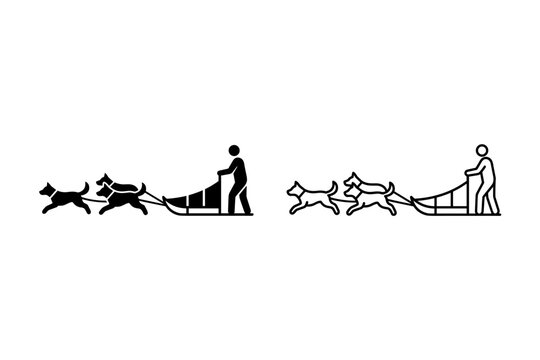 Dog sledding icon with a person driving a team of dogs across a snowy landscape