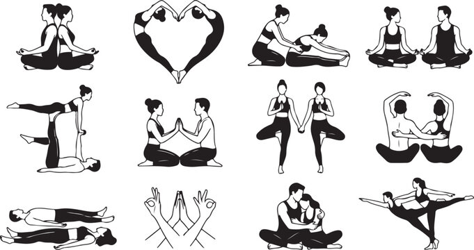 Acro yoga and partner stretching vector icons set, couple wellness graphics