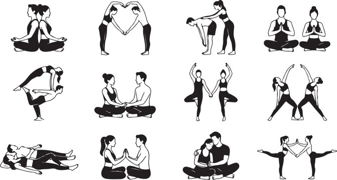 Partner yoga silhouette vectors set, couple fitness and acro yoga shapes