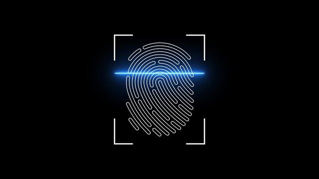 Futuristic fingerprint bio metric scanner animation isolated on black background, Access denied fingerprint scan outline icon animation with scanning process and cross mark, neon fingerprint scan icon