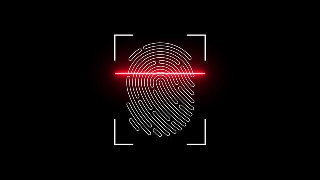 Futuristic fingerprint bio metric scanner animation isolated on black background, Access denied fingerprint scan outline icon animation with scanning process and cross mark, neon fingerprint scan icon