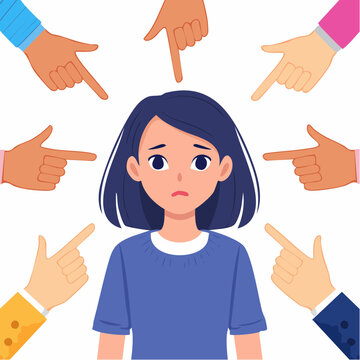 Girl being blamed and pointed at by multiple hands