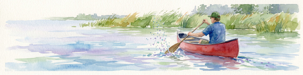 Obraz premium Canoe on a lake watercolor scene with a man paddling for nature background and poster design