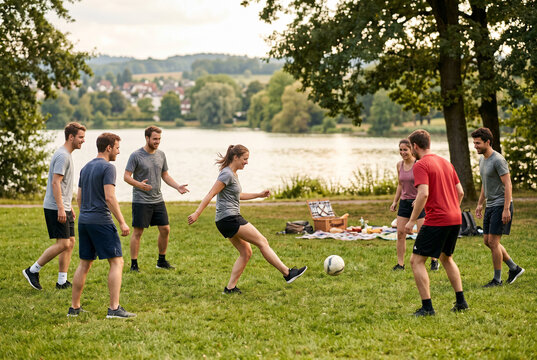 Friends playing casual soccer together in park near lake for outdoor recreation background and lifestyle community wellness design