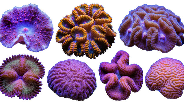 Assorted colorful stony corals with intricate textures and patterns
