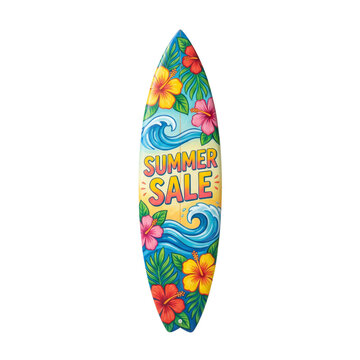 Colorful Surfboard with Floral Design and Summer Sale Text for Beach Advertising