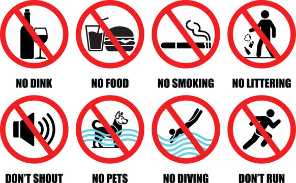 Set of Prohibition and Warning Signs Icons for Public Places and Rules