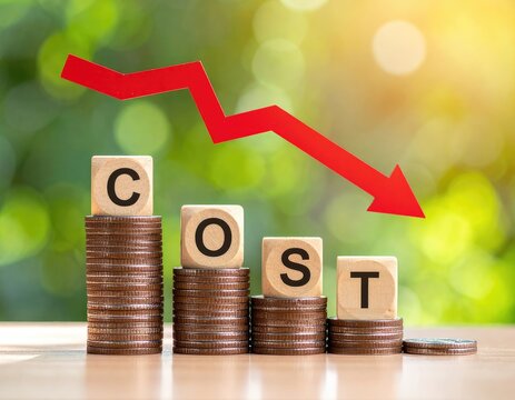 Stacks of coins with "COST" blocks and a red arrow point down
