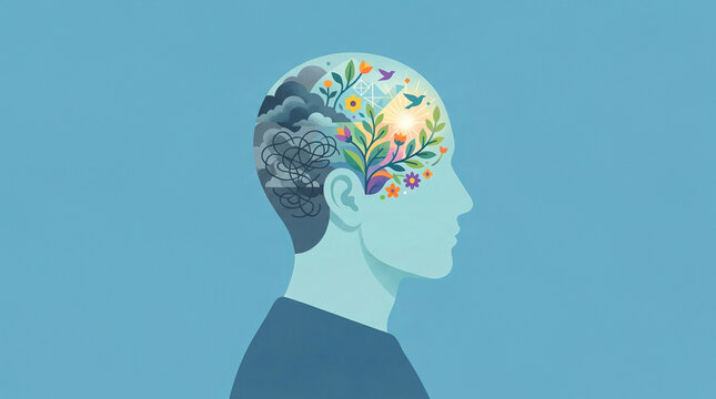 Illustration of emotional wellness, healthy thinking, empathy, and mental care.