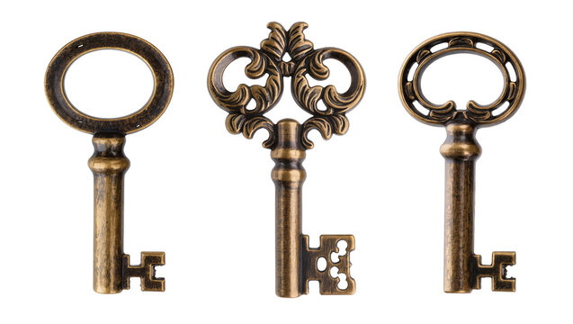Three antique ornate brass keys with decorative bow and bit