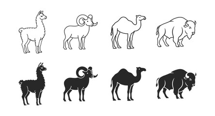 Livestock animal icon set with llama ram camel and bison outline and silhouette collection © Виталий Опришко