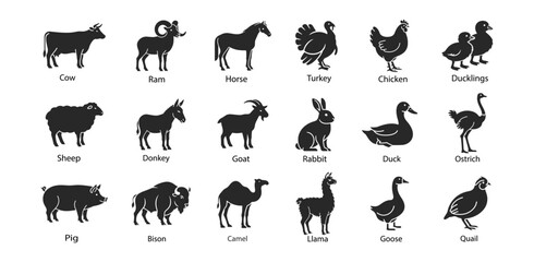 Obraz premium Farm animal livestock icon set with cattle horse goat poultry rabbit and bird silhouettes