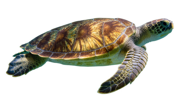 Green sea turtle swimming detailed shell pattern, flippers extended