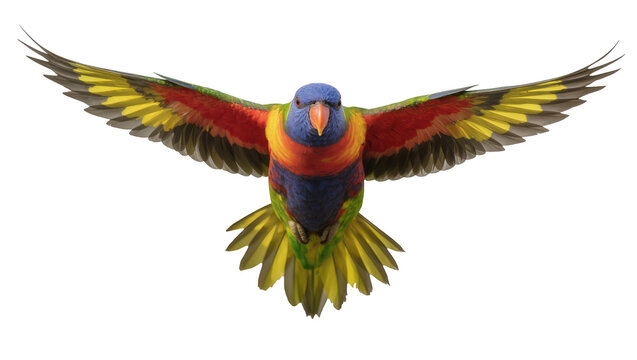 Rainbow lorikeet parrot flying with wings spread wide