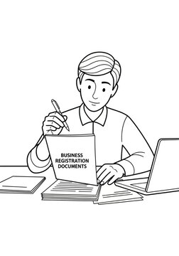 Businessman reviewing important documents at desk setup.