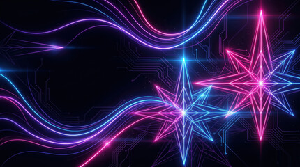 Obraz premium Glowing neon stars with circuit board patterns and light trails on a dark generated using ai
