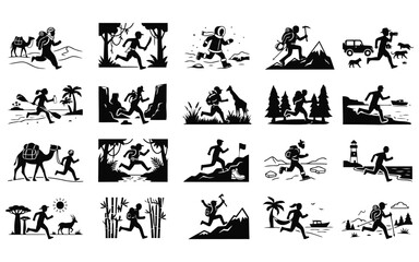 Obraz premium Adventure and exploration icon set with outdoor travel, hiking, and extreme sports silhouettes in different environments