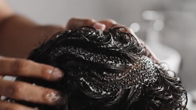 Hands massaging exfoliating scrub into dark curly hair. Clean, refreshing wellness routine. Ideal for hair care, beauty, and hygiene promotions.