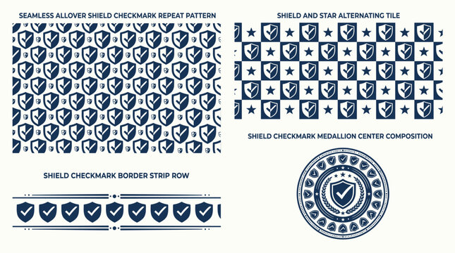 Shield and Checkmark Seamless Pattern and Medallion Collection.