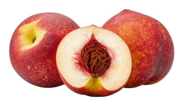 Whole and halved nectarines with visible pit and flesh