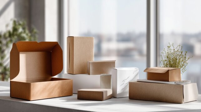 Kraft packaging mockup for shipping prep, ecommerce seller arranging mailers and boxes by sunlit window, city skyline backdrop, plant accent and label samples, tape and seal detail, ecofriendly