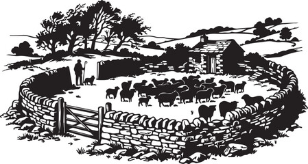 Obraz premium Shepherd with herd of sheep in stone sheepfold rural life stone wall shepherd livestock landscape countryside agriculture illustration