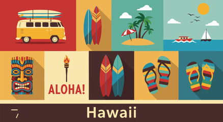 Tropical Hawaii vacation travel vector illustration featuring surfboards and island life elements for summer holiday design 47 © Purnomo