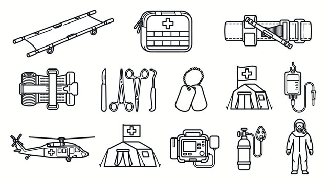 Set of hand drawn military medical and emergency equipment icons.