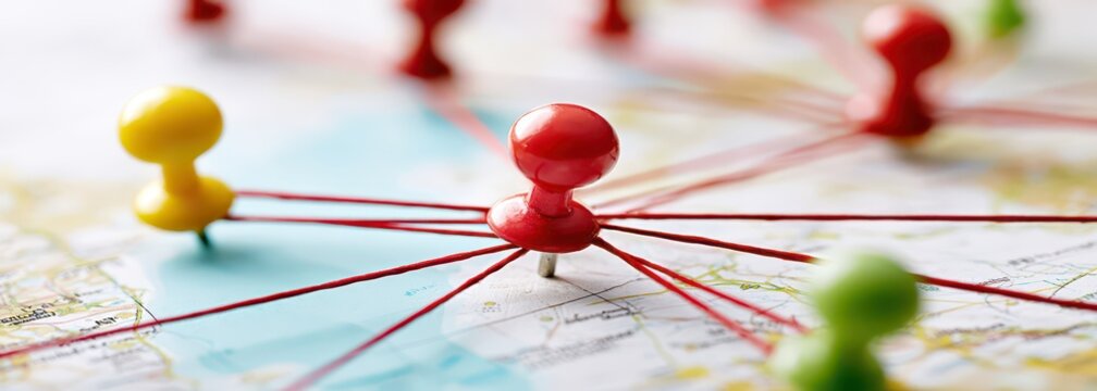Global Business Network And Connectivity, Pushpins On Map Showing Interconnected Routes