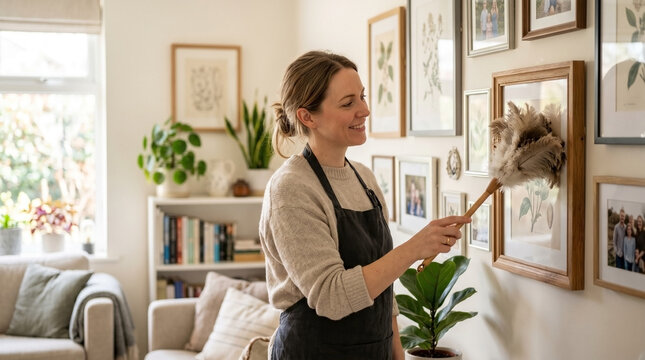 Woman cleaning picture frames with feather duster in cozy living room space. Feather duster enhances home ambiance while caring for framed photographs and plants.