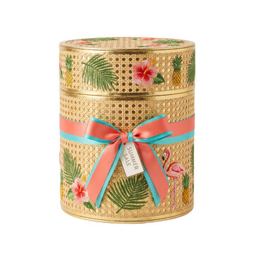 Decorative cylindrical container with tropical designs, flamingo, flowers, and colorful ribbon for summer gift presentation