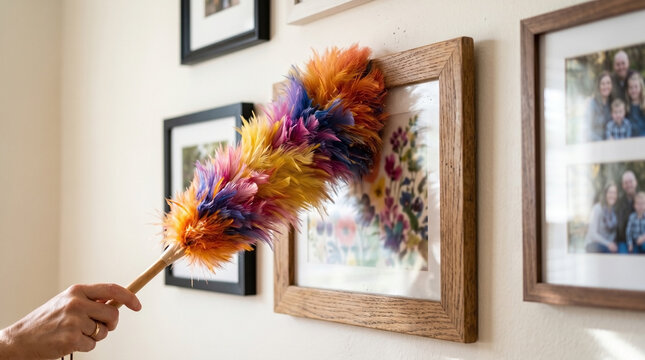 Feather duster cleaning picture frames on wall with colorful duster tool. Dusting process enhances the aesthetic appeal of framed photos and artwork.
