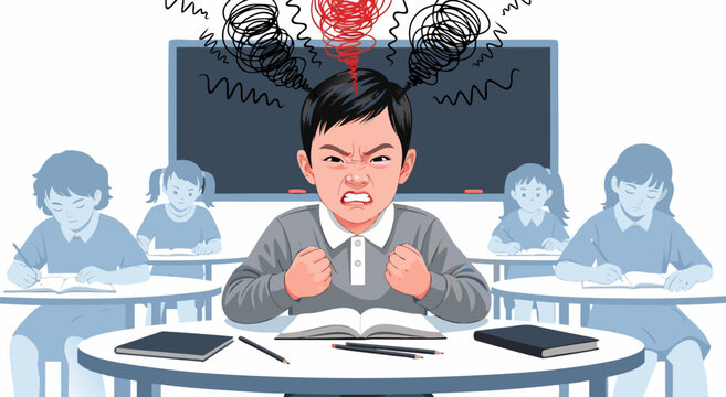 Angry Schoolboy Feeling Frustrated in Classroom Vector Illustration 51