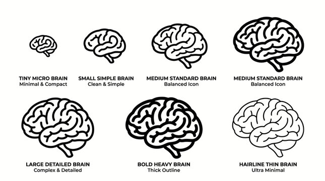 Set of various human brain icon styles with different sizes and line weights.