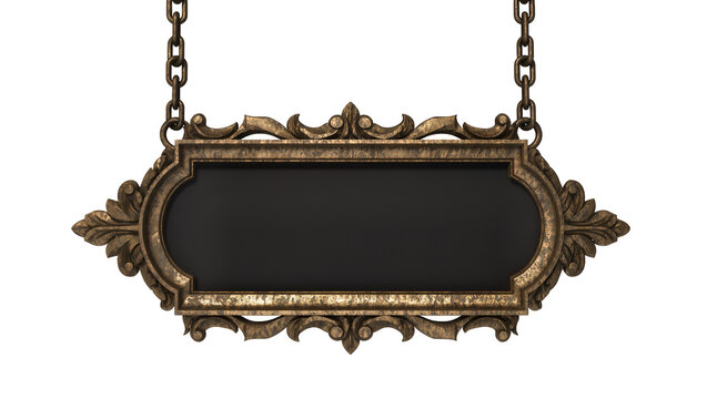 Ornate hanging sign with decorative metal frame and black insert