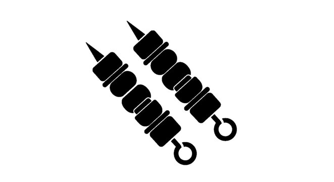 Minimal black silhouette icon, simple flat vector, bold black shape, no, no shading two shish kebab skewers with meat and vegetables on a, flat icon style