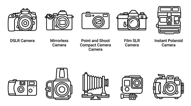Set of Various Types of Photography Cameras Icon Collection.