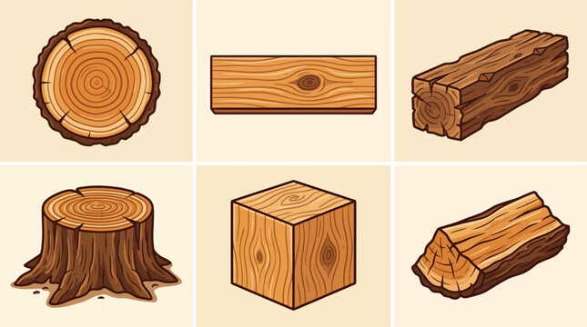 Set of various wooden objects and timber materials.